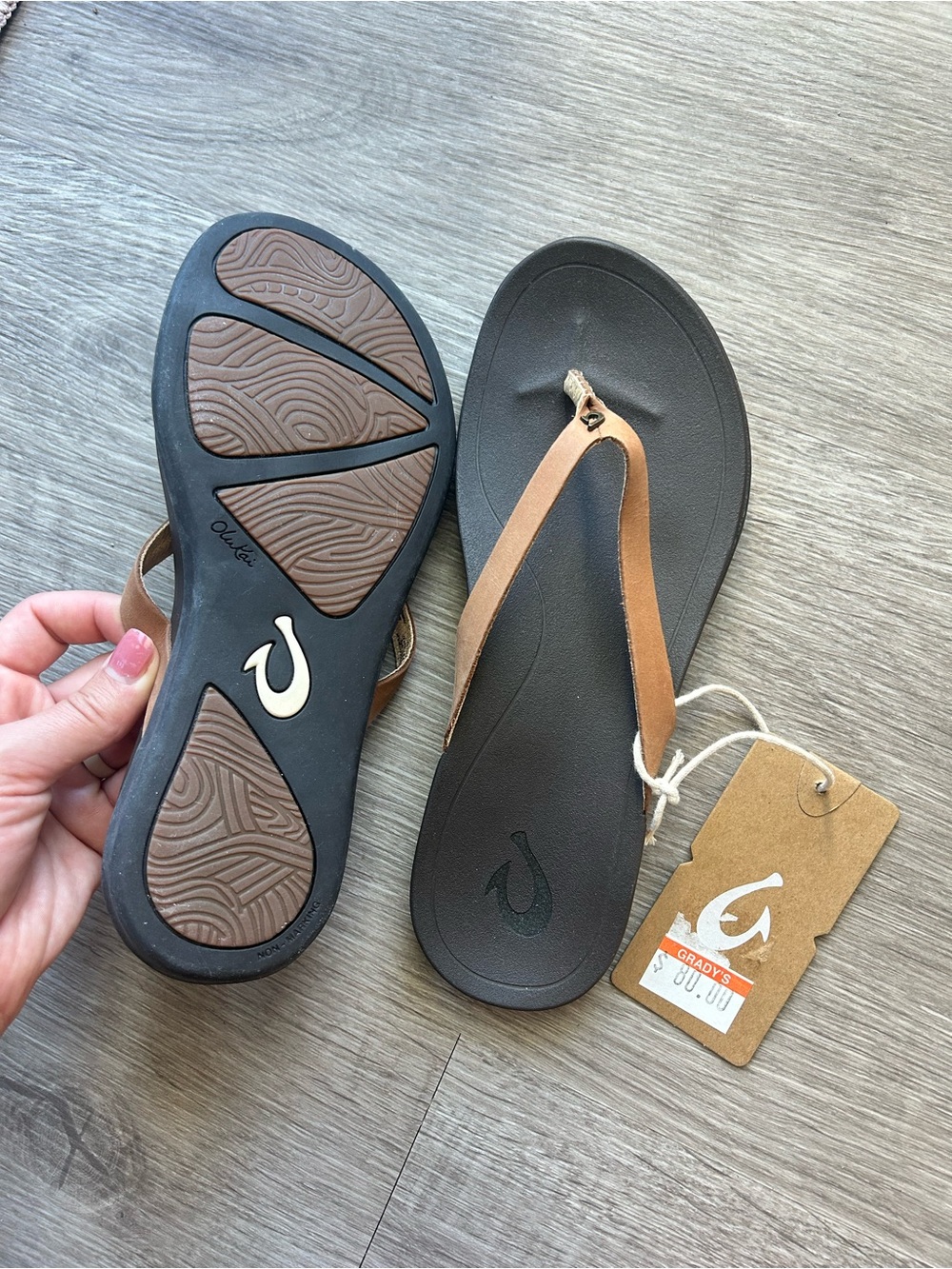 OluKai Women's Tan Strap Flip Flops with Black Footbed - Picture 2 of 6